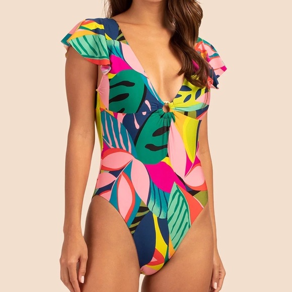 Trina Turk Rainforest Fluttersleeve Tropical One Piece Swimsuit - Picture 1 of 12